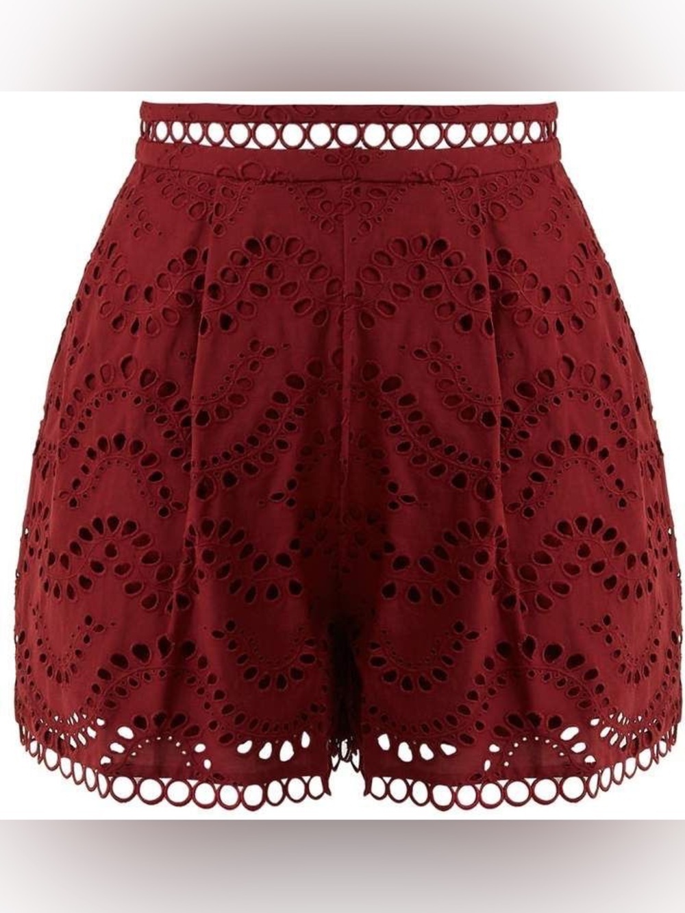 Zimmermann Jaya Wave Eyelet Scallop Hem Shorts in Burgundy